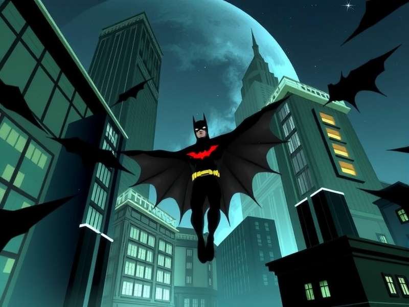 Neo-Gotham City Skyline at night with flying vehicles and neon lights