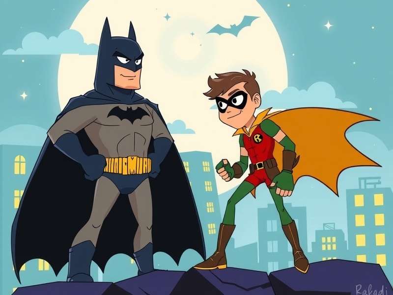 Batman and Robin cartoon scene with action poses