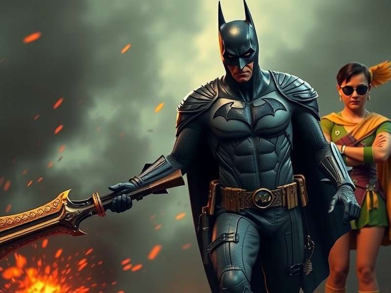 Batman and Robin standing back-to-back facing Bane in a ruined Gotham street