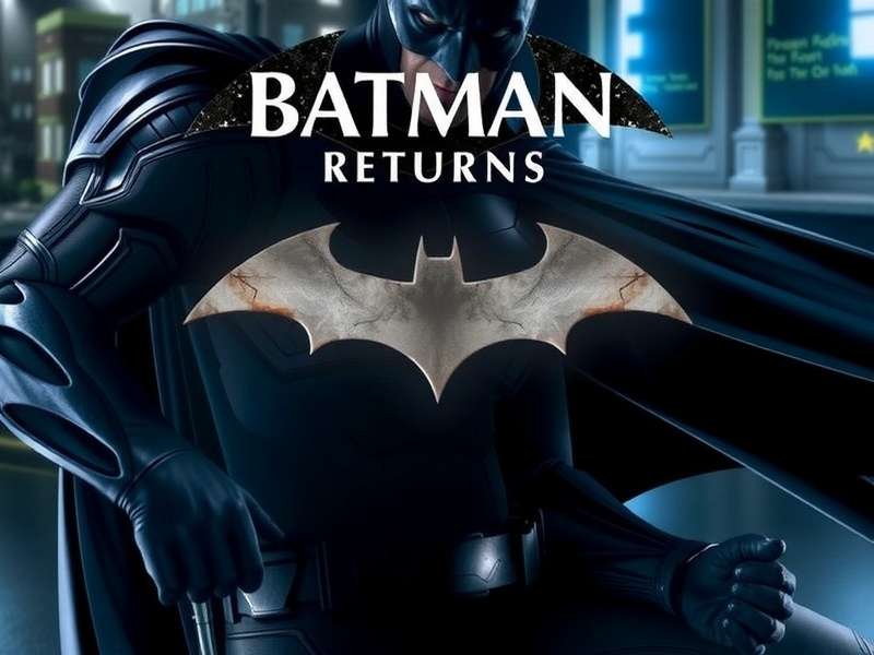 Dark cinematic scene of a Batman silhouette against Gotham city skyline