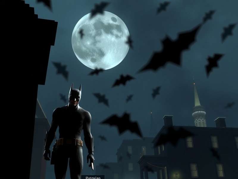 Batman silhouetted against Gotham City skyline on his first night