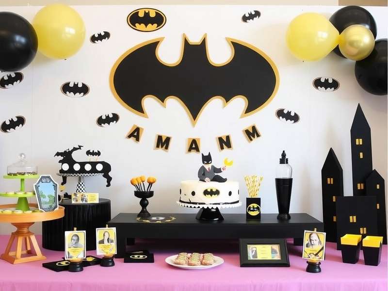 Batman themed baby shower decoration with yellow and black colors