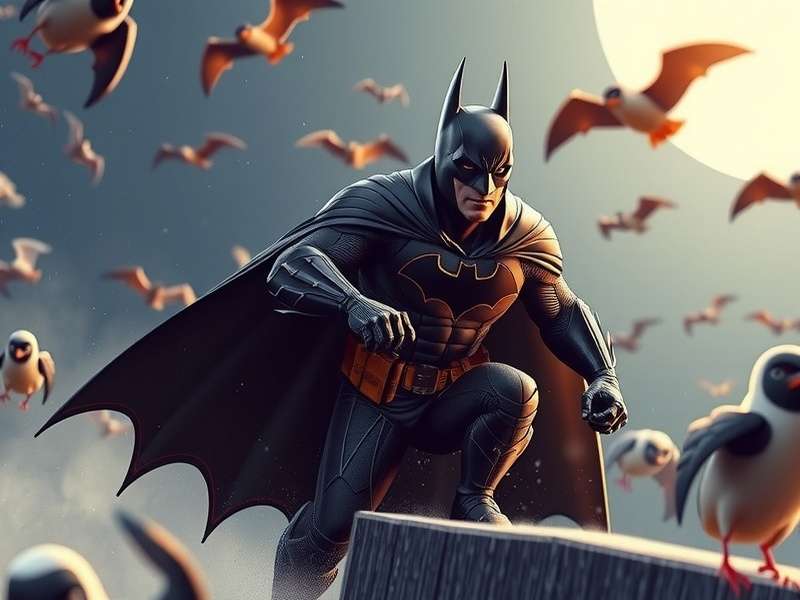 Pinguim Batman standing on a Gotham rooftop with a icy backdrop