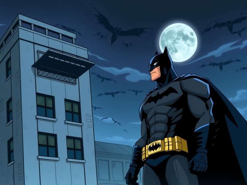 Dark silhouette of Batman against a gothic cityscape