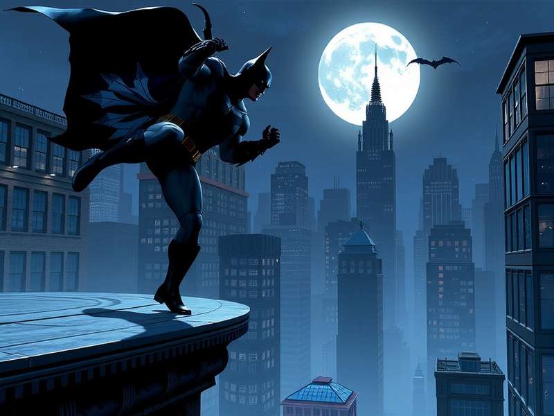 Batman standing on a Gotham City gargoyle, looking over the city at night