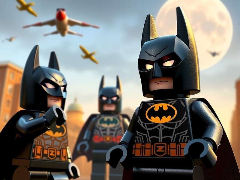 Lego Batman minifigure standing heroically on a Gotham City building block