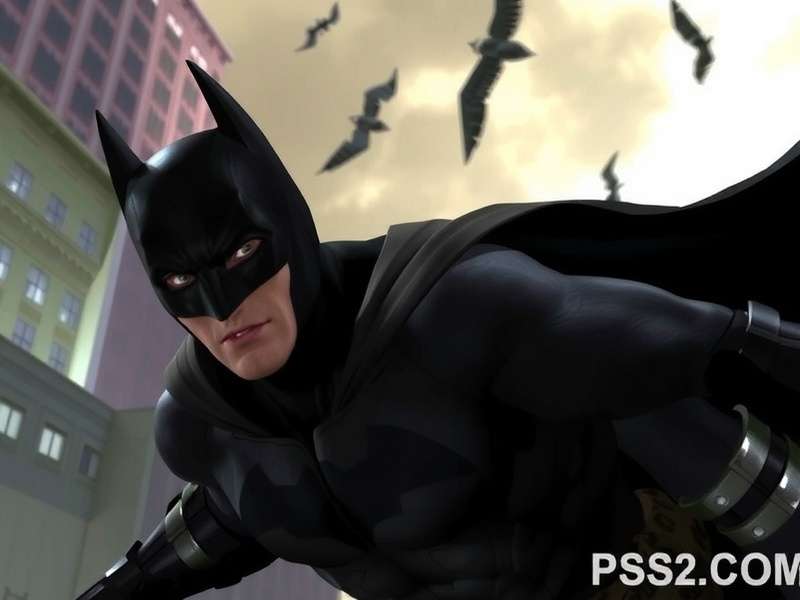 Scarecrow fear toxin effect in Batman Begins PS2 game, showing a distorted, nightmarish version of Gotham