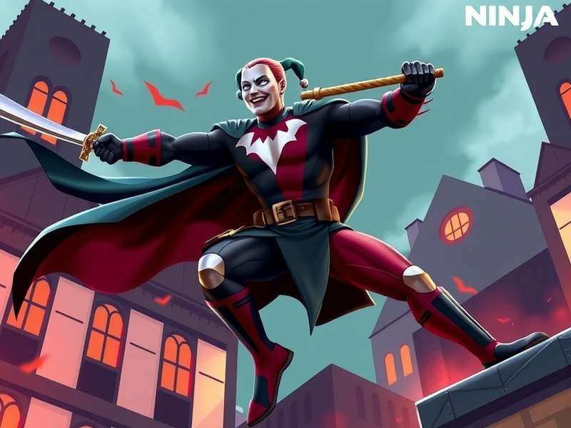 Harley Quinn in feudal Japanese attire holding her signature mallet with Batman Ninja anime background