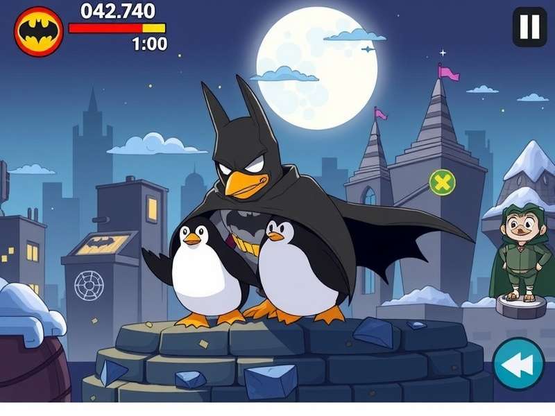 Dark silhouette of a penguin with a city skyline in the background, symbolizing the Penguin's grip on Gotham