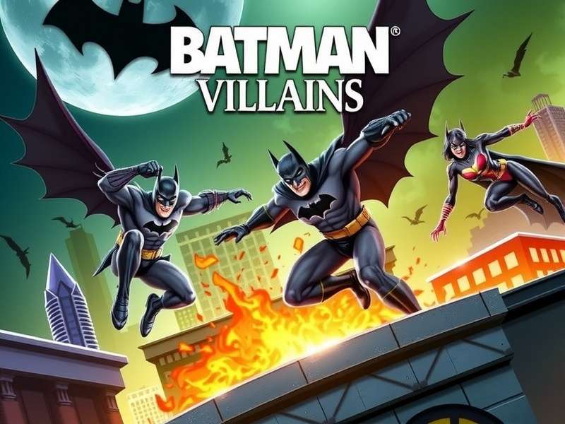 A collage of Batman's most famous villains including Joker, Two-Face, Penguin, and Riddler