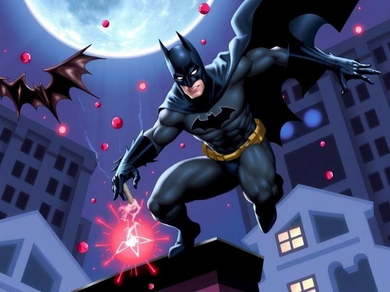 Batman silhouette against a dark Gotham City skyline