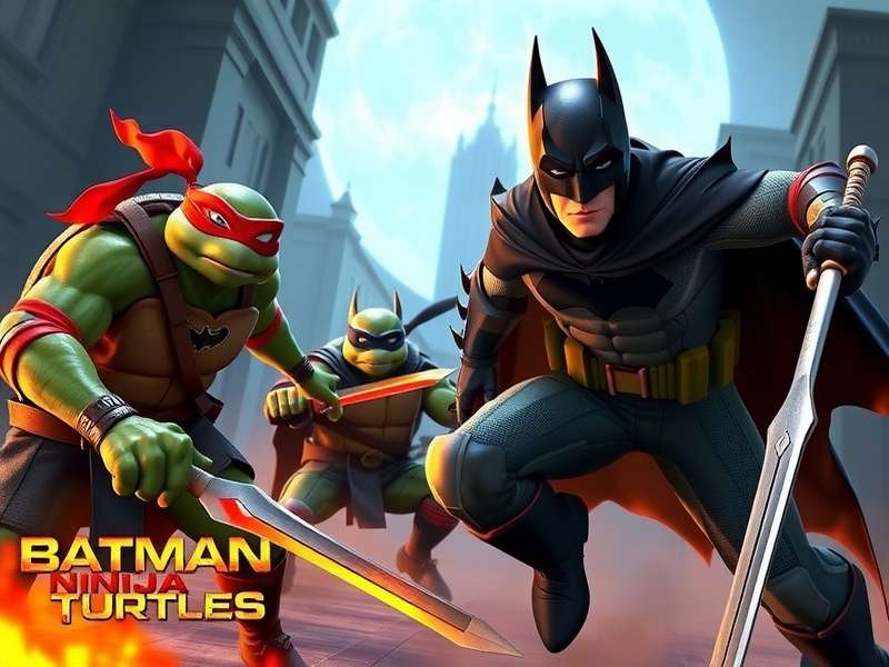 Artwork depicting Batman standing alongside Leonardo, Donatello, Raphael, and Michelangelo in a dynamic pose.