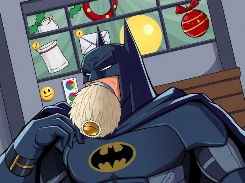 Batman standing in Gotham City during Christmas with parody text Jingle Bells Batman Smells