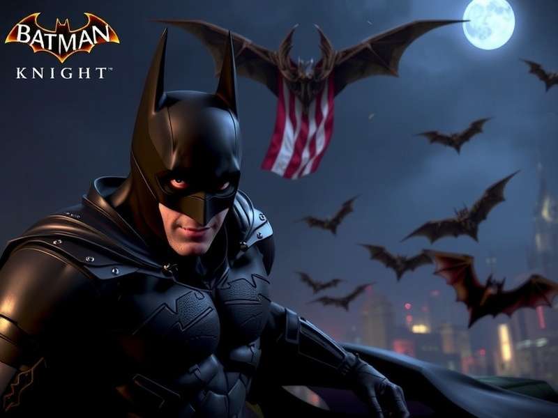 Batman Arkham Knight Gotham City skyline at night with Bat signal