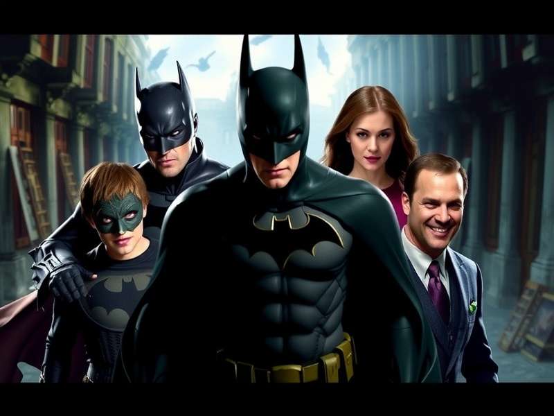 The main cast of Batman Begins (2005) posing together