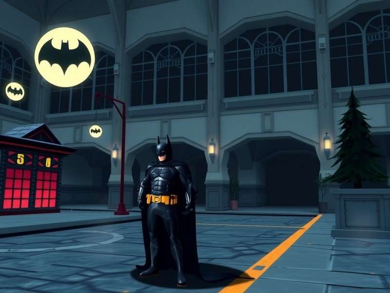 Batman standing on a Gotham City rooftop at night, overlooking the city lights