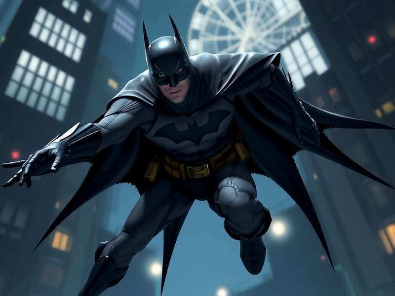 Batman silhouette against a gothic city skyline with a large yellow moon