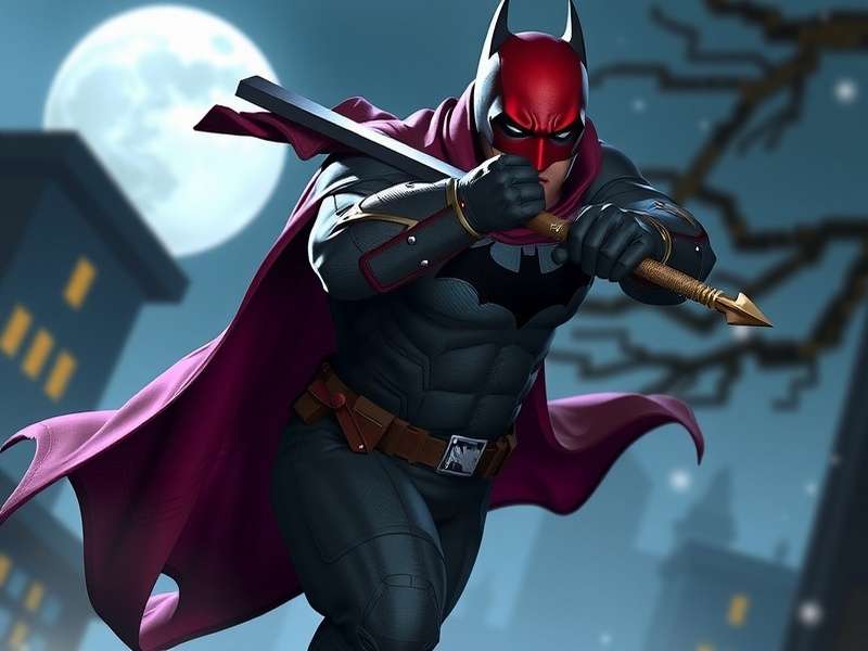 Batman Ninja Red Hood artwork featuring a silhouette with a red hood in a Japanese landscape