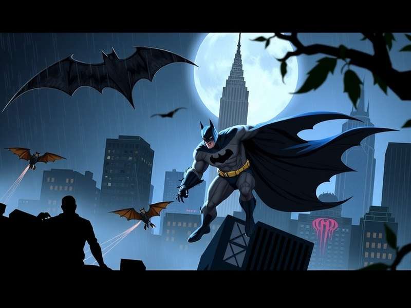Batman silhouette against Gotham city skyline at night