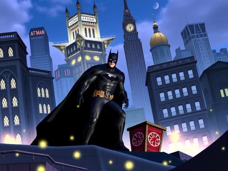 Batman overlooking Gotham City on Batman Day with a dramatic sunset