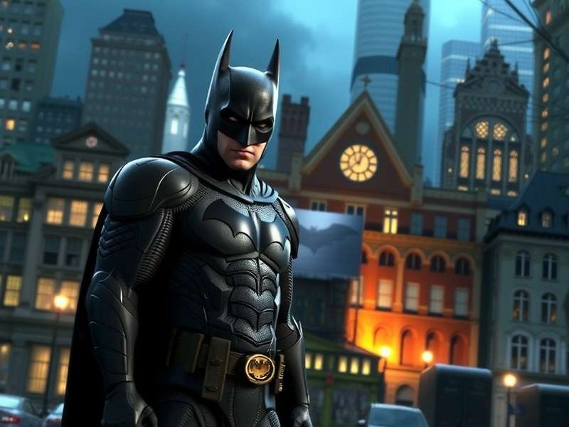 Robert Pattinson as Batman standing in the rain in Gotham City