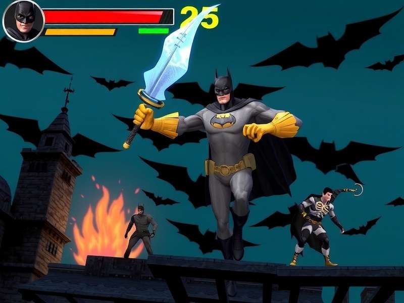 Batman facing Bane in the final fight, Gotham ruins in background