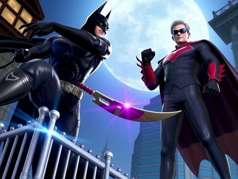 Batman in feudal Japan landscape with cherry blossoms and pagodas