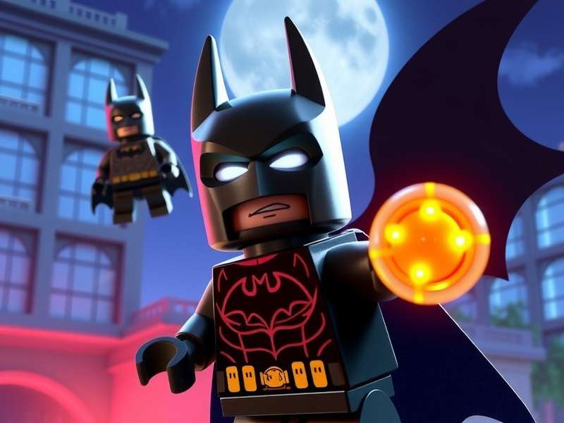 Lego Batman minifigure posing heroically against a city skyline