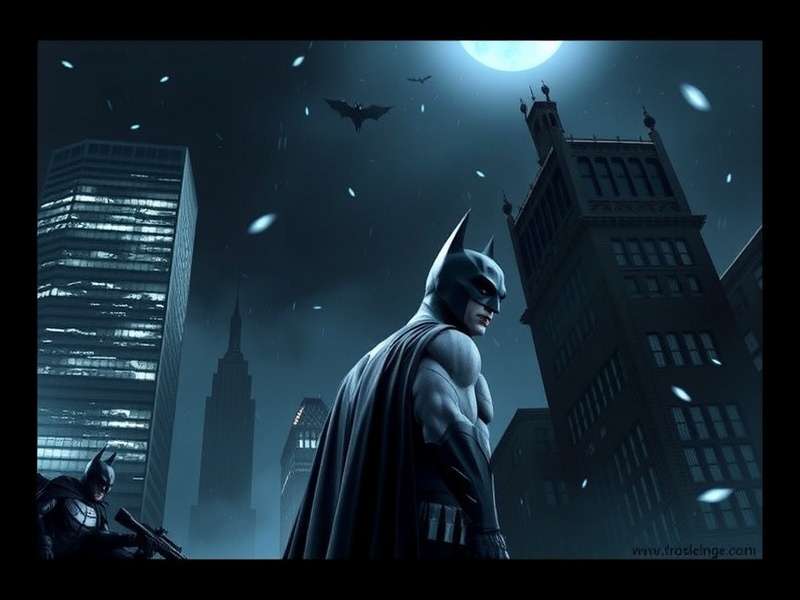 The Dark Knight Batman standing in Gotham City skyline
