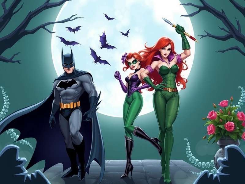Batman and Robin facing Poison Ivy in a dark Gotham greenhouse
