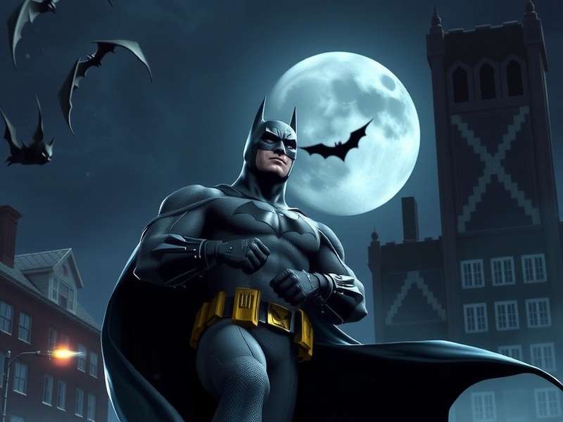Batman silhouette overlooking Gotham city skyline at dusk