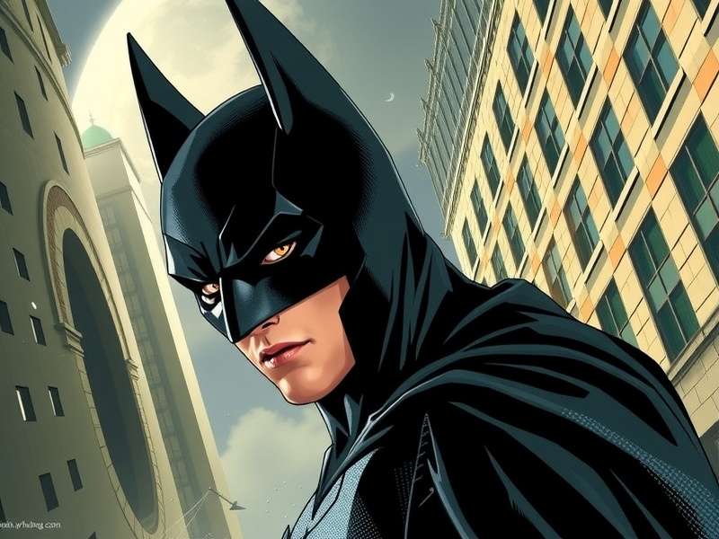 Batman Pattinson standing in the rain on a Gotham rooftop, dark atmosphere with neon glow