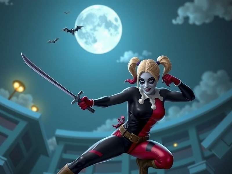 Batman Ninja Harley Quinn character art showing her signature mallet and jester-inspired ninja armor