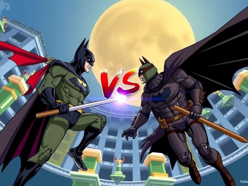 Batman Vs Ninja Turtles – epic crossover scene featuring the Dark Knight alongside Leonardo, Donatello, Raphael and Michelangelo in a gritty Gotham backdrop.