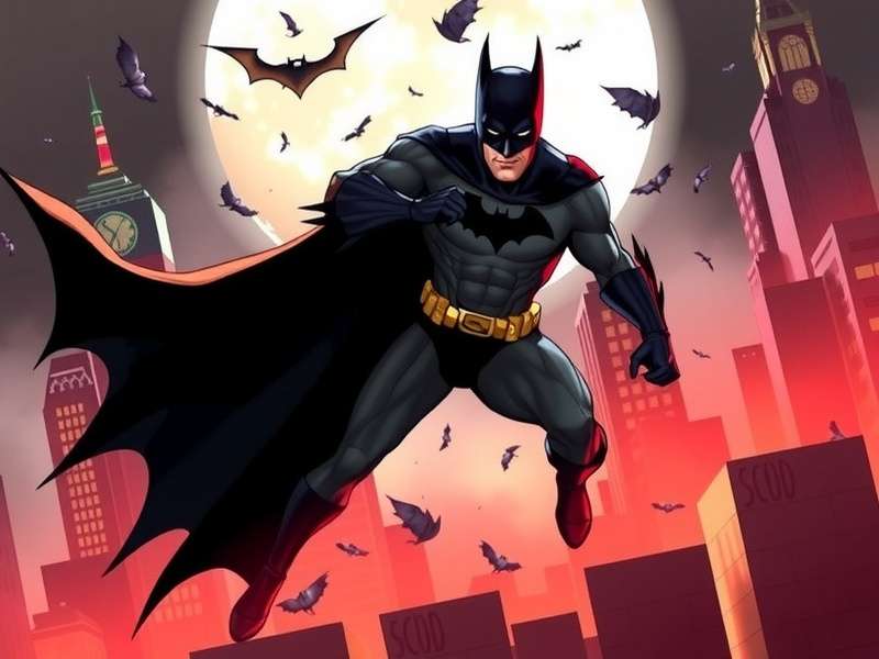 Batman standing atop Gotham City skyline at night, cape flowing in the wind