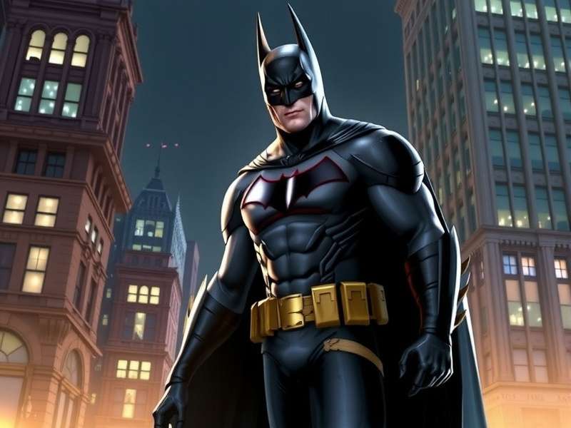 Batman silhouette overlooking Gotham City skyline at dusk