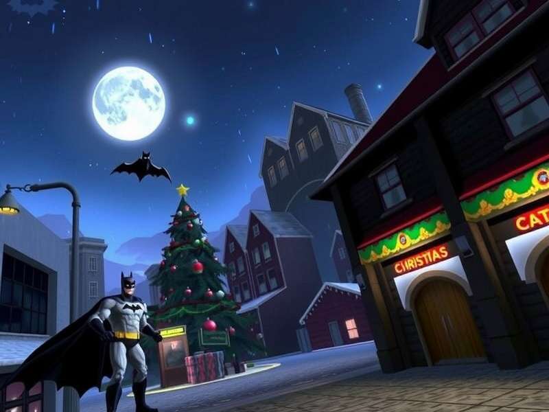Batman Returns Christmas – Gotham City holiday themed artwork with Batman silhouette and festive lights