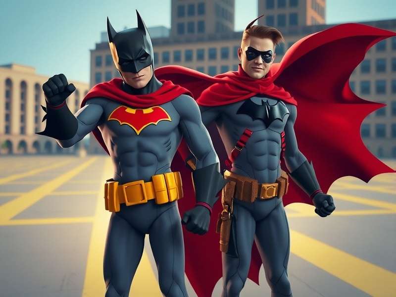 Batman and Robin standing side by side in the Batcave, fully suited up with glowing utility belts and capes flowing.