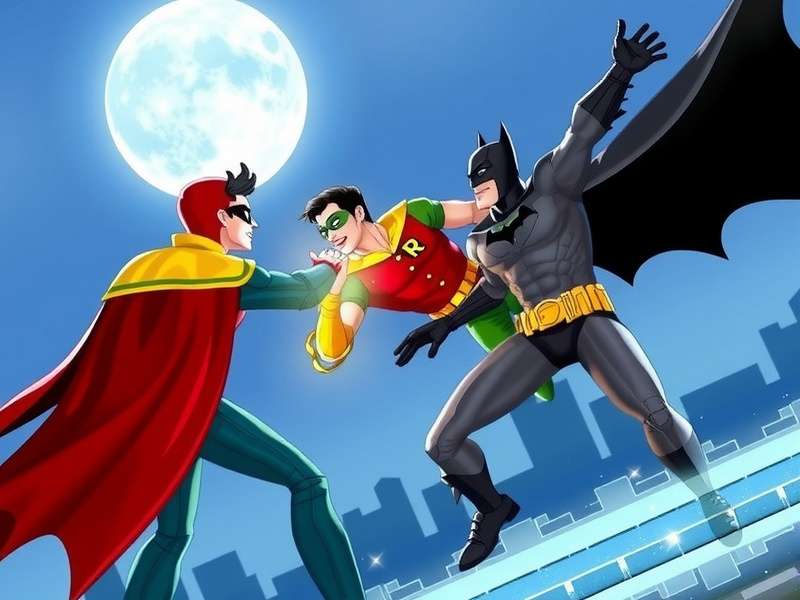 Batman and Robin facing Mr Freeze in a frozen Gotham cityscape