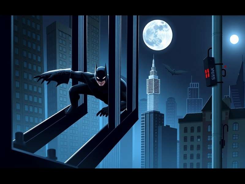 Batman Beyond – Neo-Gotham cyberpunk cityscape with the iconic Batsignal