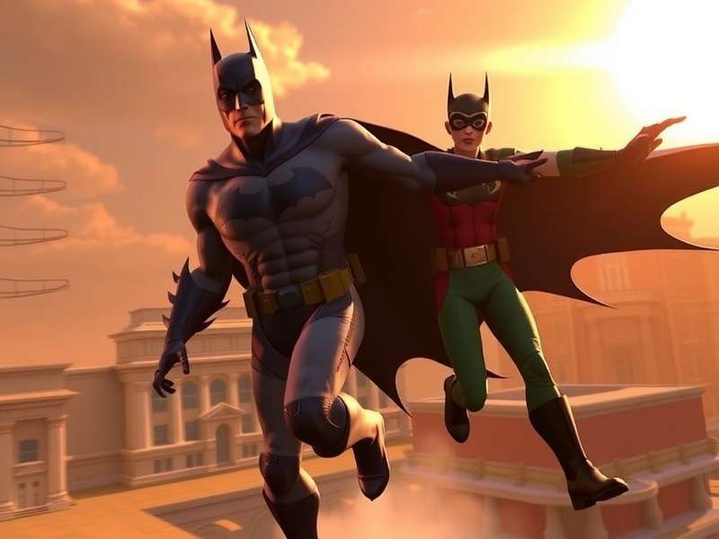 Batman and Robin in the rain-soaked Gotham cityscape, a dramatic still from the trailer