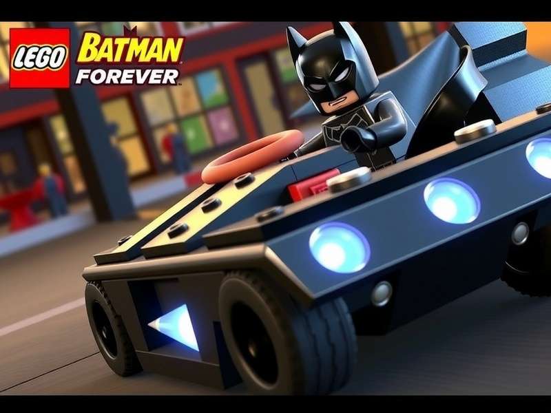 Batman Forever Batmobile Lego complete model displayed on a dark stand with glowing LED accents