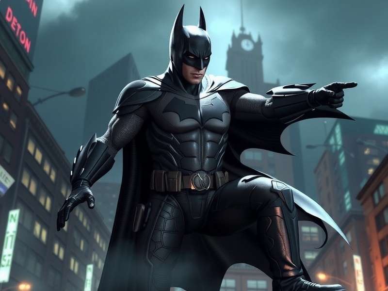 Batman Arkham — Gotham City skyline with the Bat-Signal illuminating the night
