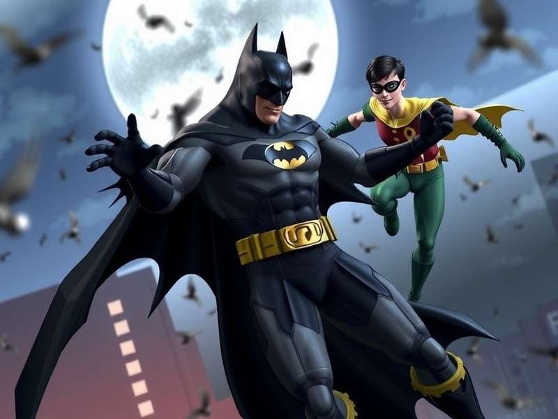 Batman and Robin standing together on a Gotham rooftop at dusk, with the Bat-Signal glowing in the background.