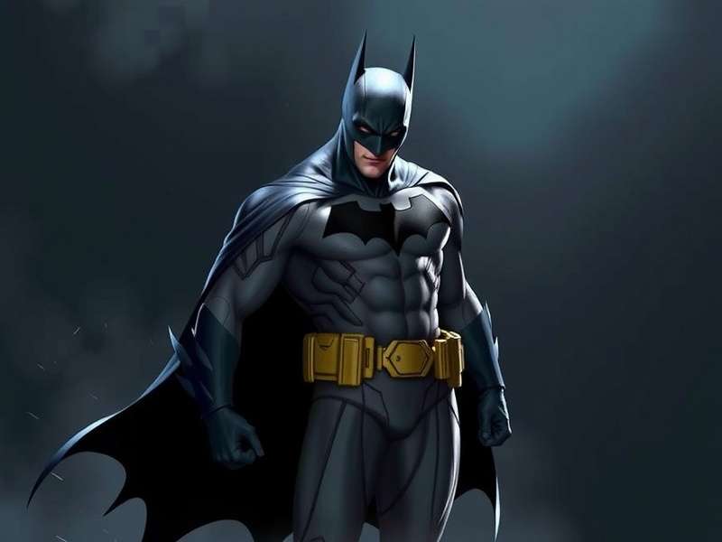 Batman game poster featuring Dark Knight in Gotham City skyline